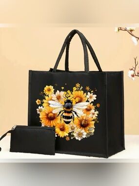 Honey Bee Pattern Tote Bag 2 Piece Set Lightweight Shopping Tote & Wristlet New